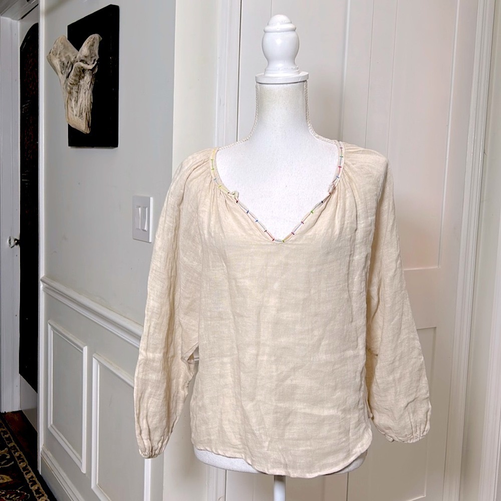 Made in Italy 100% Linen Peasant Blouse Balloon Sleeve Boho Cottagecore Ivory OS